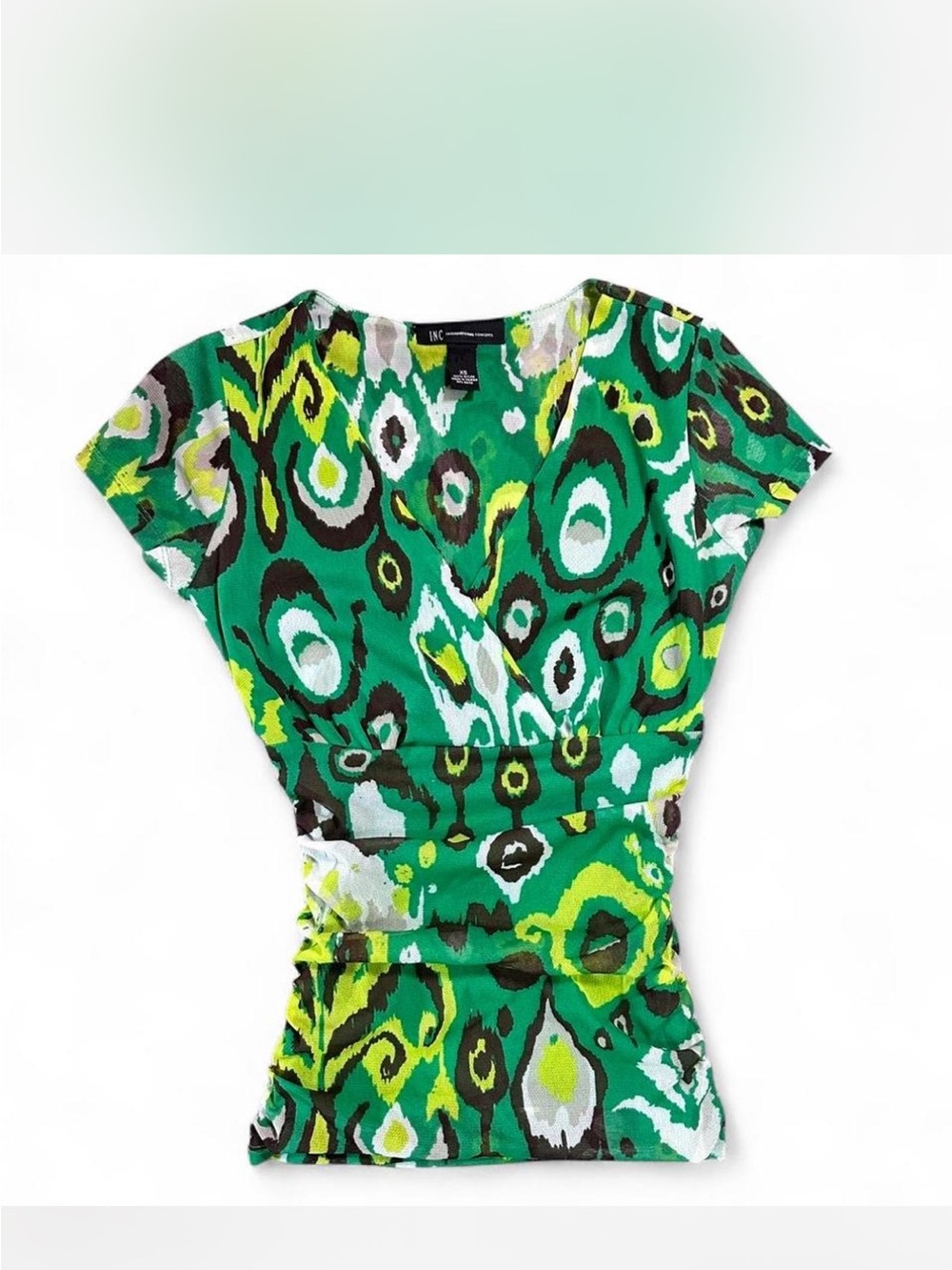 Y2K 2000s INC Office Siren Green Abstract Print Ruched V Neck Top